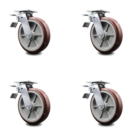 Service Caster 8 Inch Polyurethane Caster Set with Ball Bearings and Total Lock Brakes SCC SCC-TTL30S820-PPUB-4